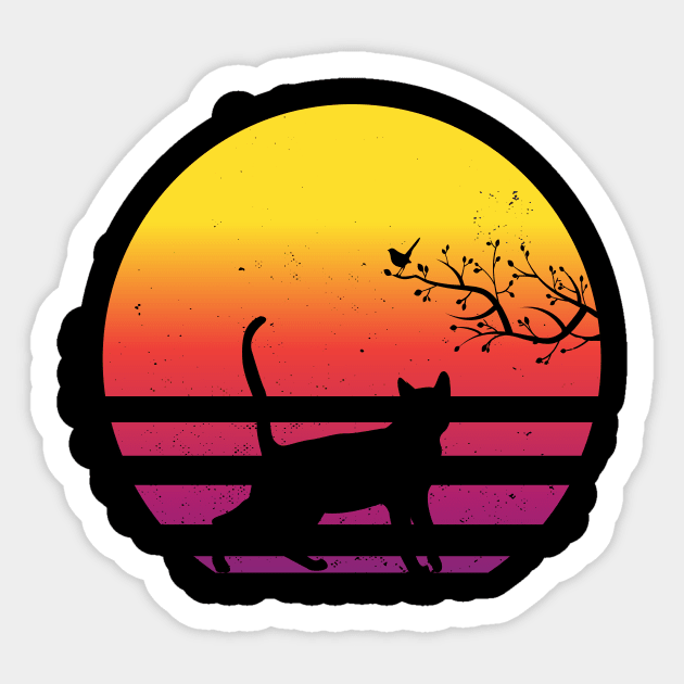 Cute Cat Watching Bird On Tree Vintage Retro Sunset Sticker by SinBle
